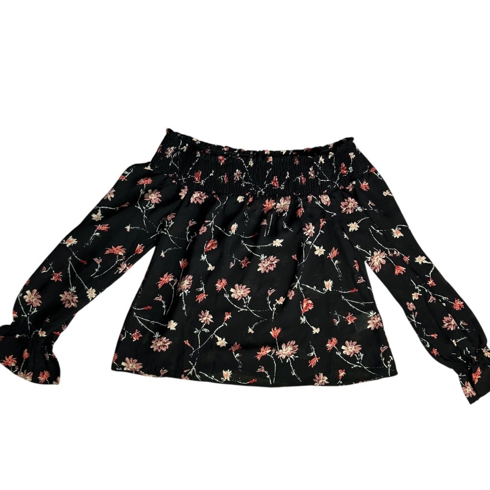 WILD BLUE X SADIE ROBERTSON Women’s Smocked Top Black Floral Off Shoulder S